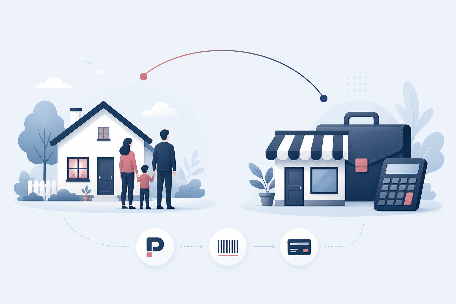 Ilustração: casa e negócio conectados no NexoFin, com Pix, boleto e cartão